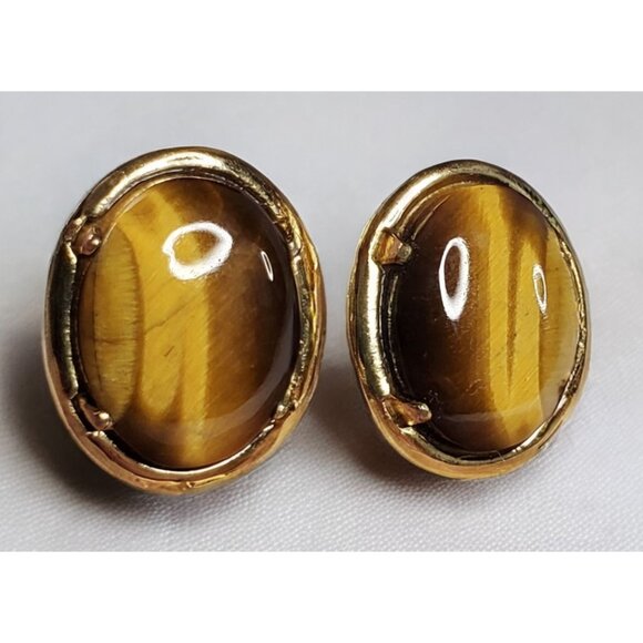 Vintage Gold-Tone Oval Tiger Eye Gemstone Cufflinks For Men - Picture 2 of 15